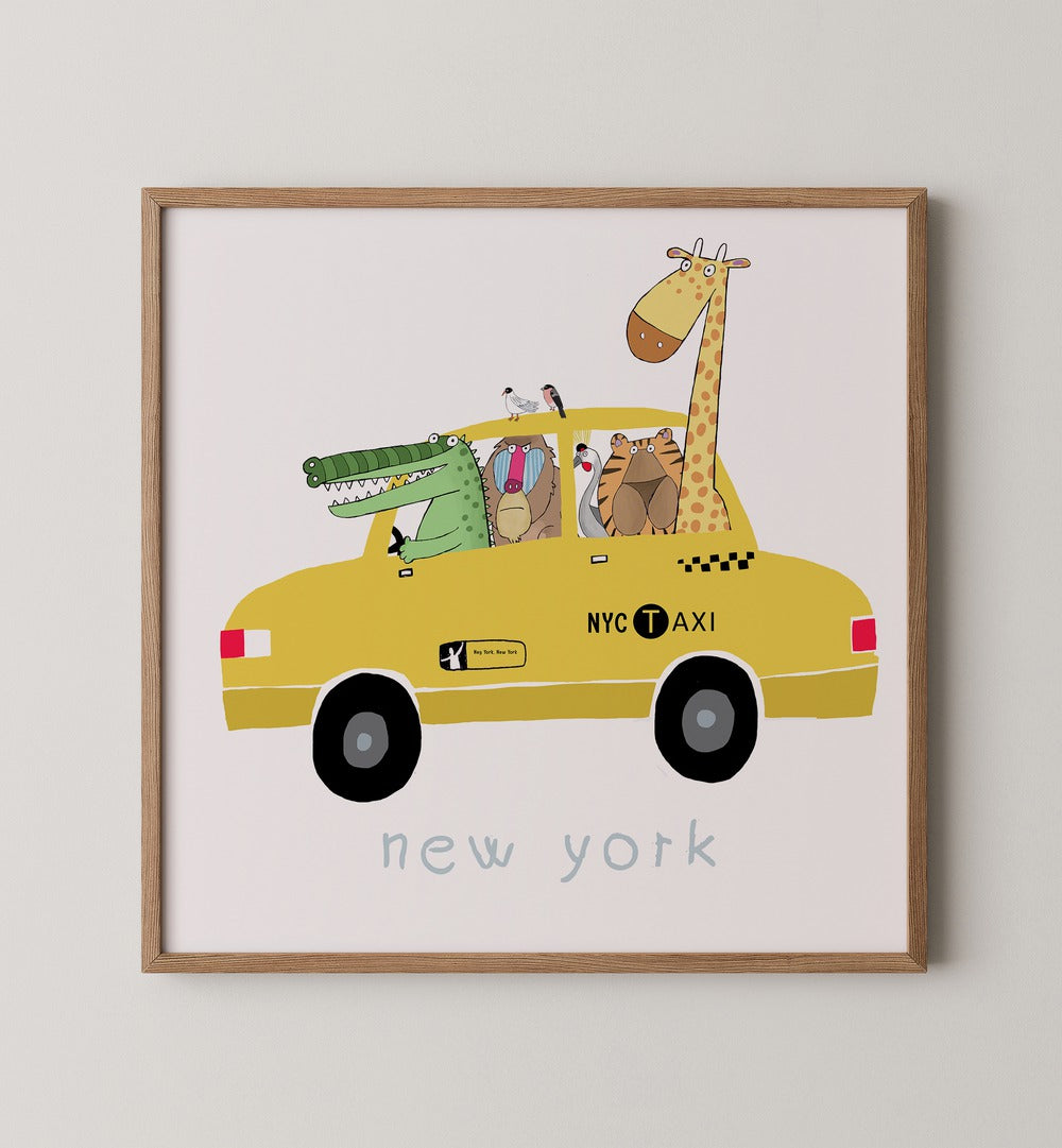 Whimsical art print featuring animals in a taxi, ideal for CARLA DALY GALLERY WALL I, GALLERY WALLS decor.