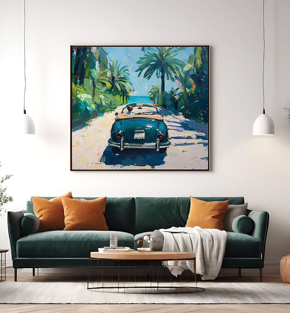 Vibrant artwork featuring a classic car on the beach, ideal for adding coastal charm to your home decor.