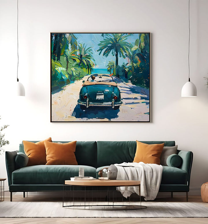 Vibrant artwork featuring a classic car on the beach, ideal for adding coastal charm to your home decor.
