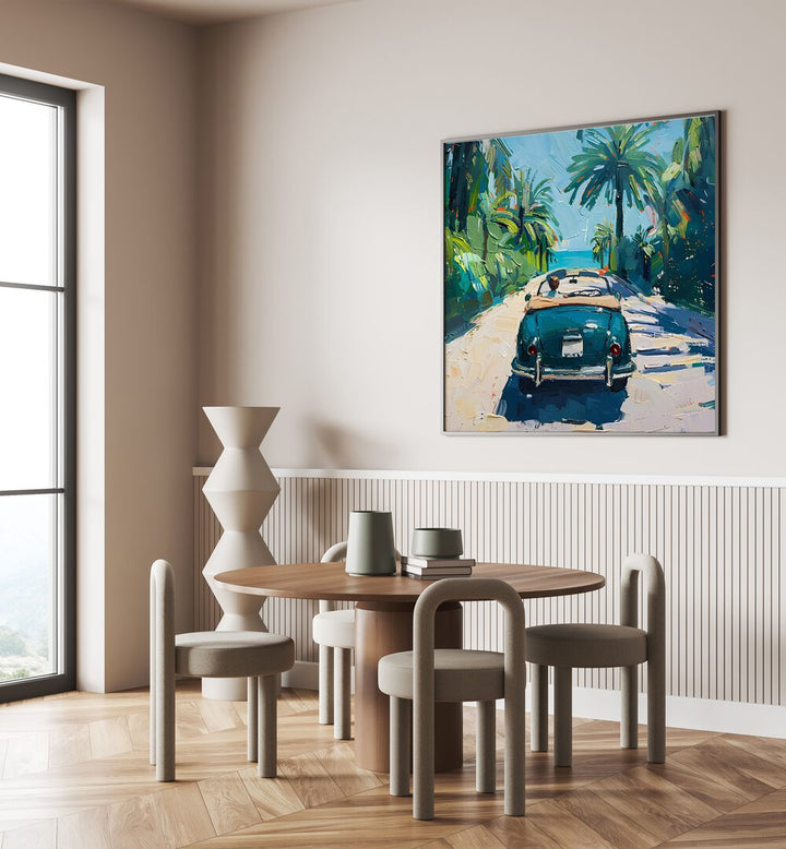 Stylish CAR ON THE BEACH artwork bringing coastal adventure vibes to your home decor. Perfect for beach lovers!