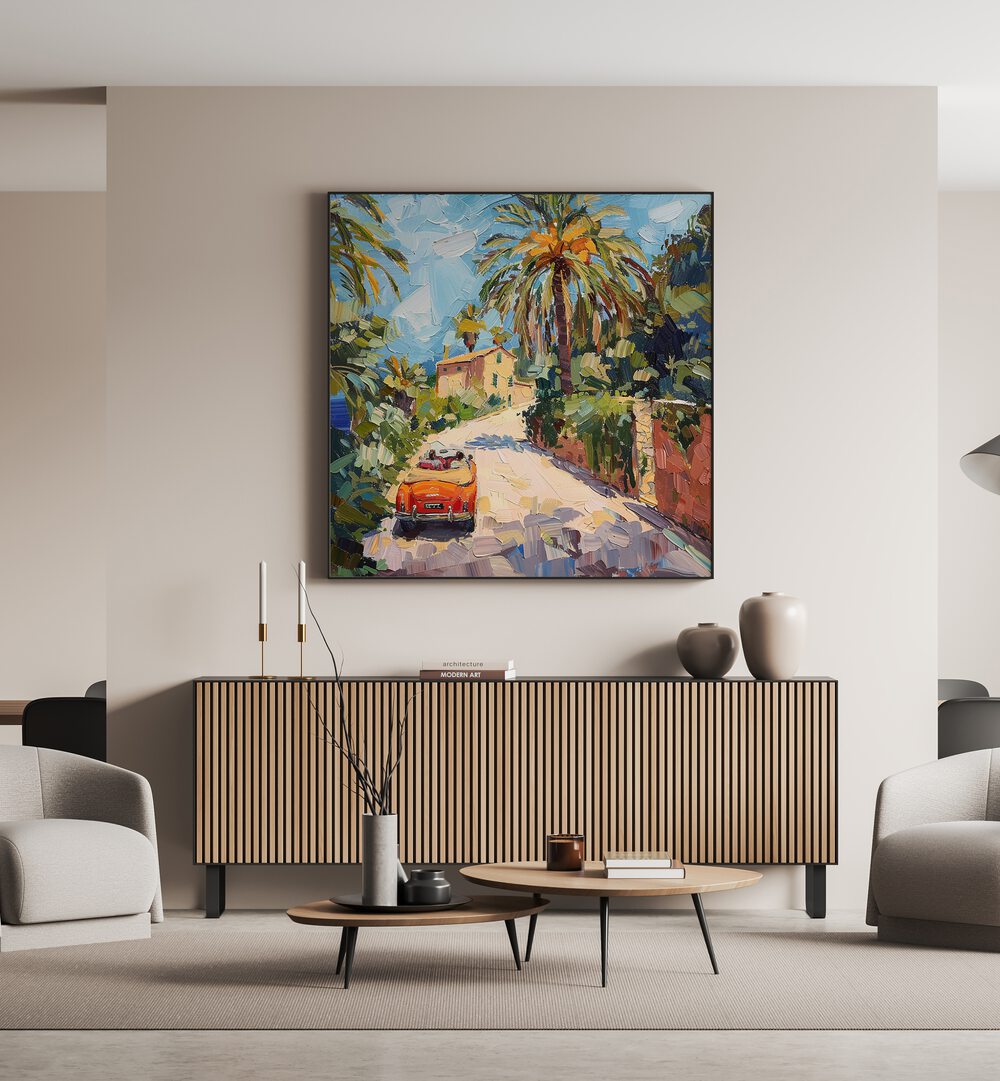 Vibrant artwork titled CAR ON THE ROAD II, showcasing a classic car surrounded by lush scenery, perfect for enthusiasts.