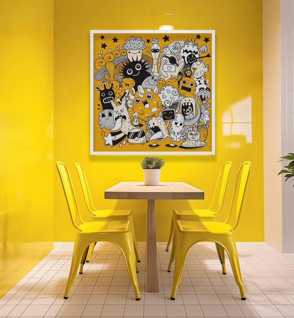 Cartoon Capers Comic Art Artwork in White Plain Frame placed on a Yellow Wall in a Cafe