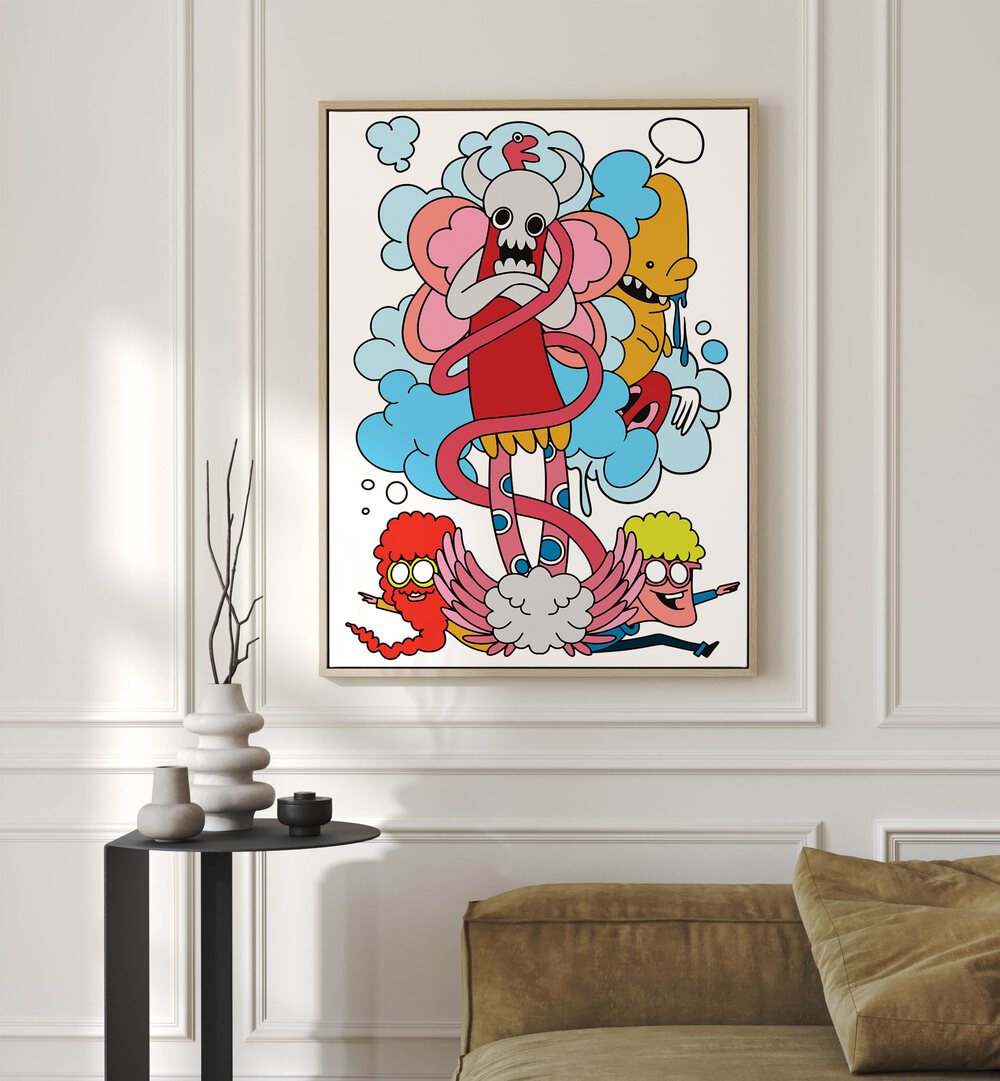 Cartoon Chaos Comic Art Artwork in Oak Wood Floater Frame  on Placed on a White Wall Near A Brown Sofa in the Living Room