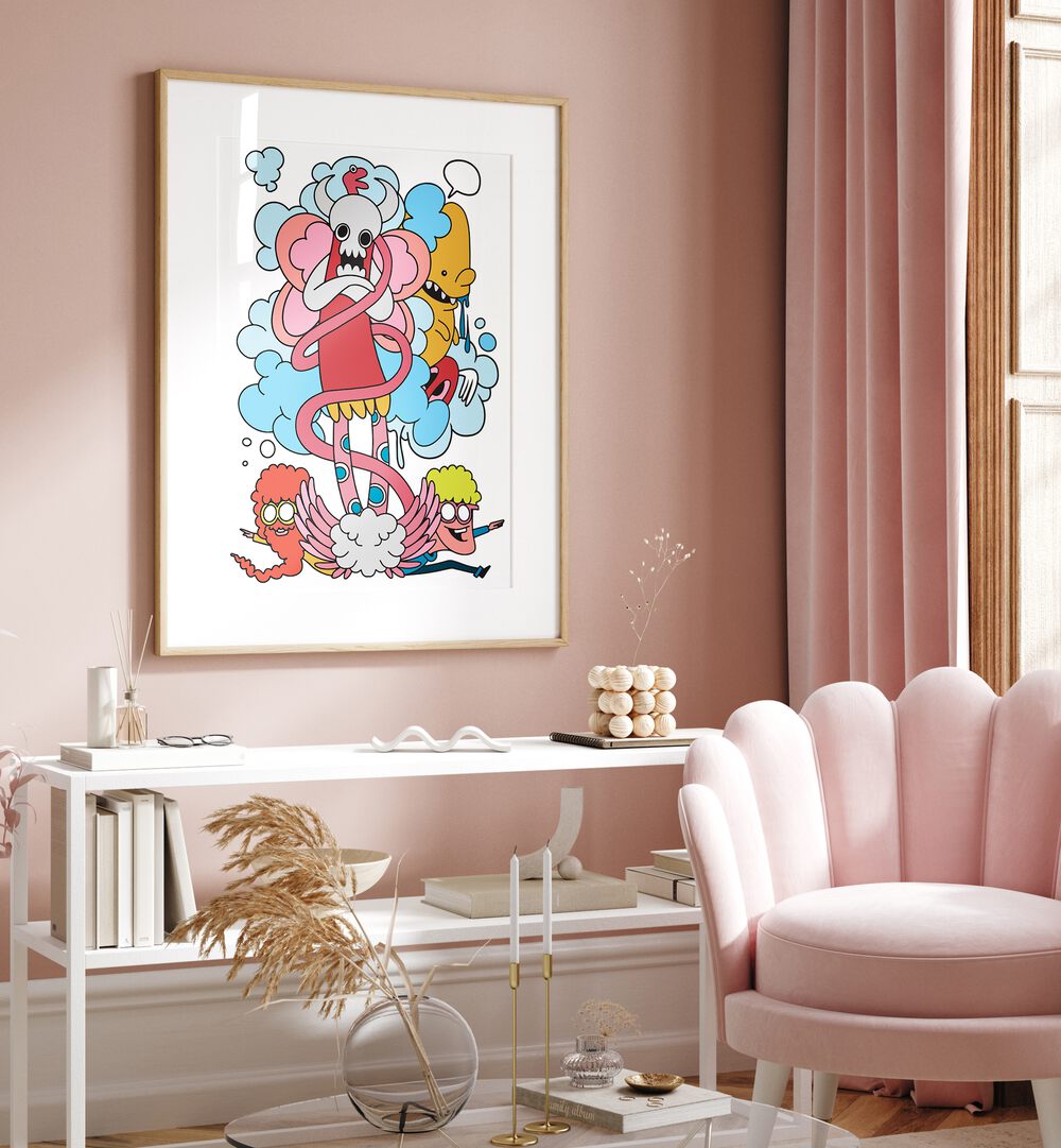 Cartoon Chaos Comic Art Artwork in Oak Wood Frame With Mount Placed on a Pink Wall In a Bedroom with Pink Aesthetics 