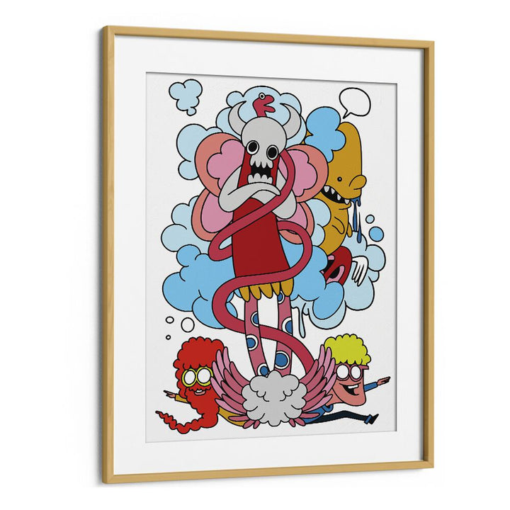 Cartoon Chaos Comic Art Artwork in Oak Wood Frame With Mount