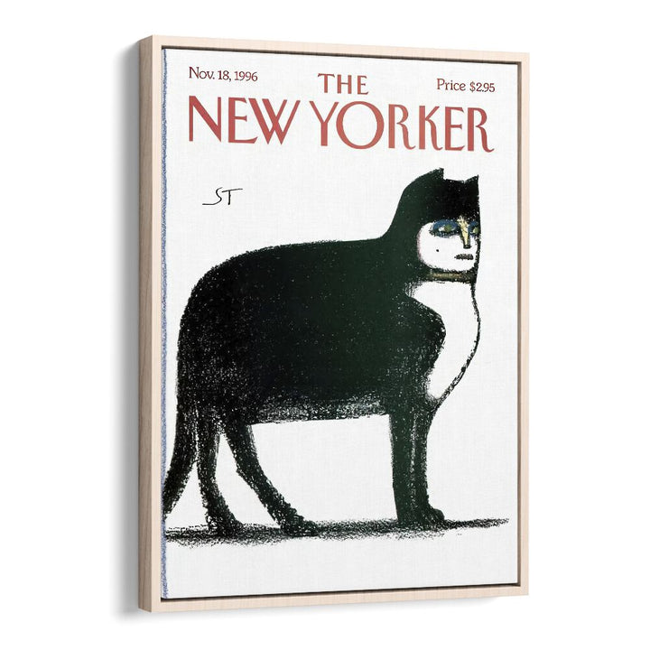 Cat By Saul Stein Berg - New Yorker  Magazine 18 Nov 1996 Artwork in Oak Wood Floater Frame