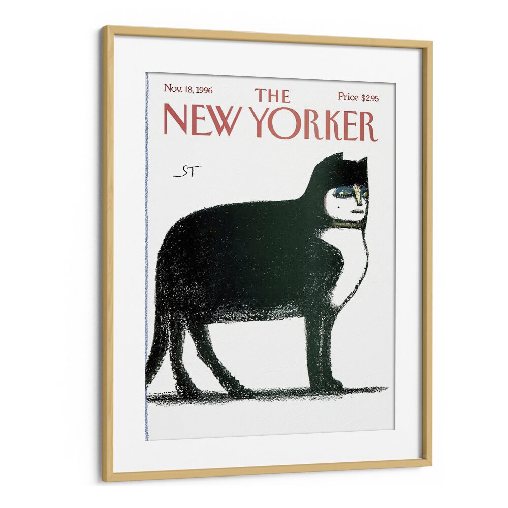 Cat By Saul Stein Berg - New Yorker  Magazine 18 Nov 1996 Artwork in Oak Wood Frame With Mount