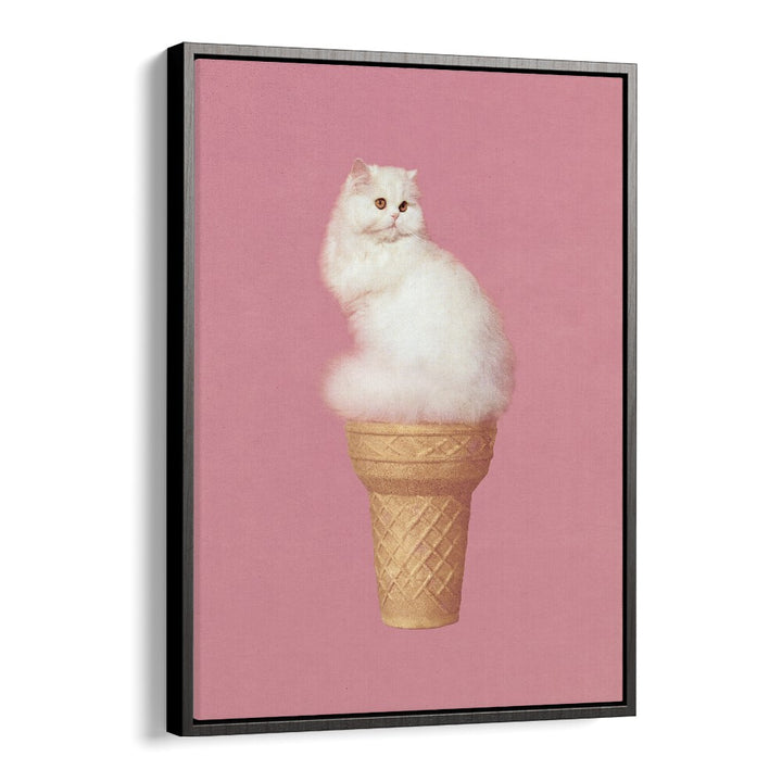 Cat Ice Cream Pink Surreal Art Artwork in Black Floater Frame
