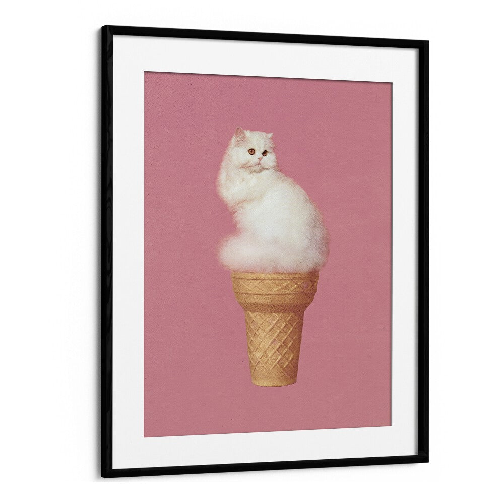 Cat Ice Cream Pink Surreal Art Artwork in Black Frame With Mount
