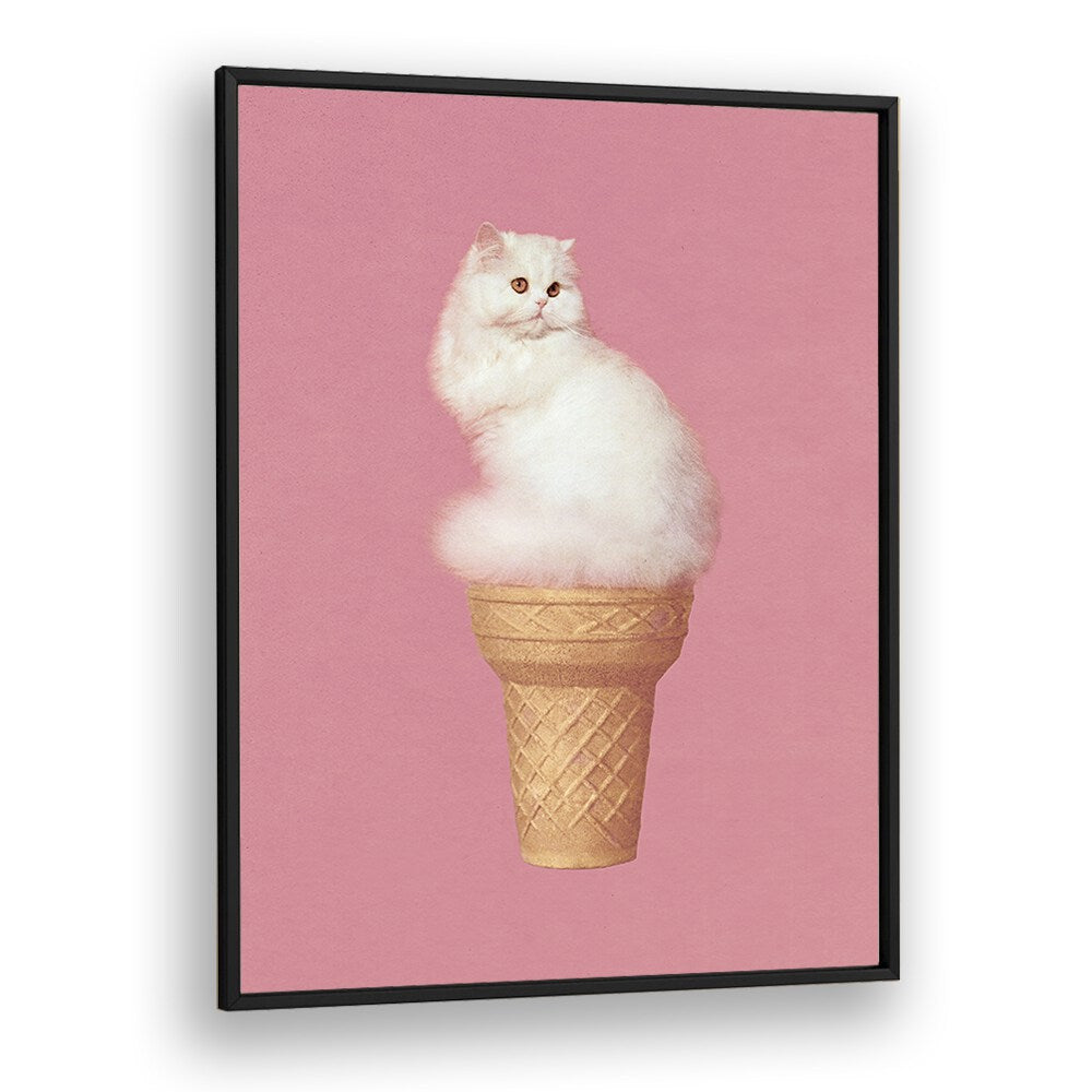 Cat Ice Cream Pink Surreal art Artwork in Black Plain Frame
