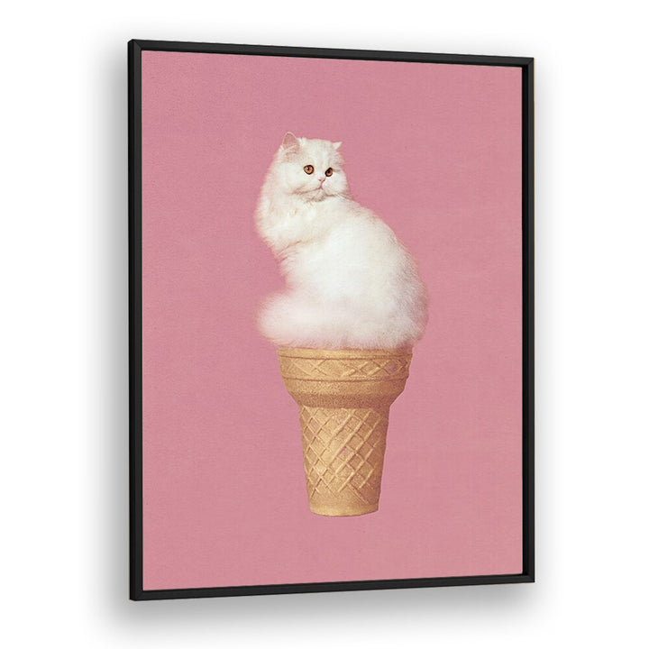 Cat Ice Cream Pink Surreal art Artwork in Black Plain Frame
