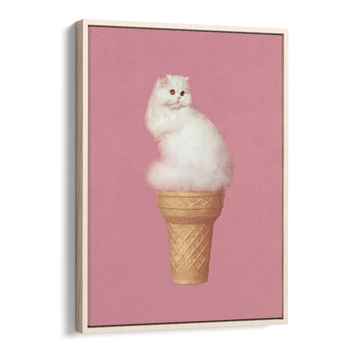 Cat Ice Cream Pink Surreal Art Artwork in Oak Wood Floater Frame
