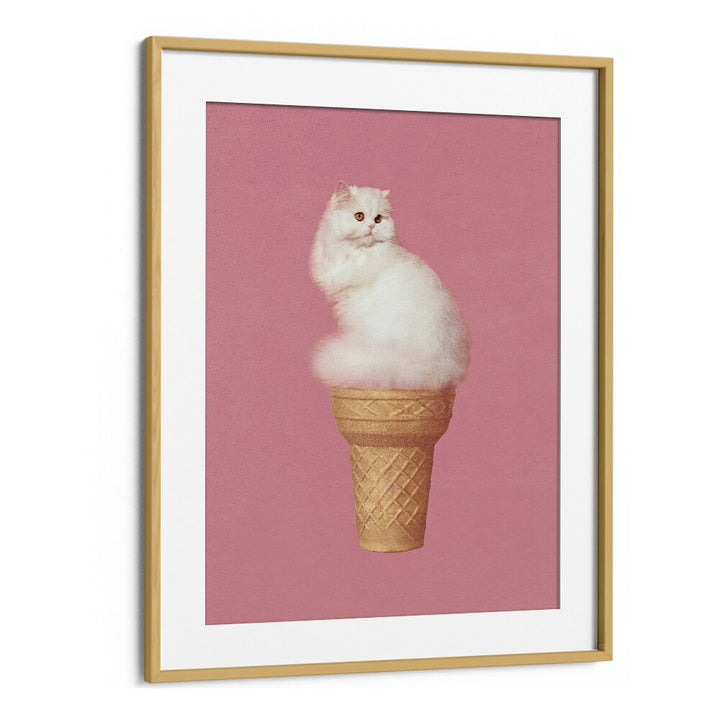 Cat Ice Cream Pink Surreal Art Artwork in Oak Wood Frame With Mount
