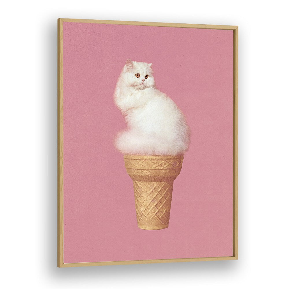 Cat Ice Cream Pink Surreal Art Artwork in Oak Wood Plain Frame
