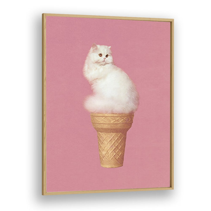 Cat Ice Cream Pink Surreal Art Artwork in Oak Wood Plain Frame
