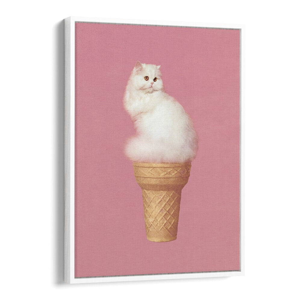 Cat Ice Cream Pink Surreal art painting Artwork in White Floater Frame
