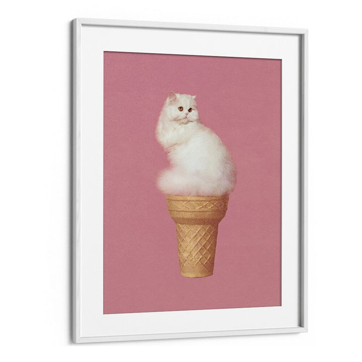 Cat Ice Cream Pink Surreal Art Artwork in White Frame With Mount