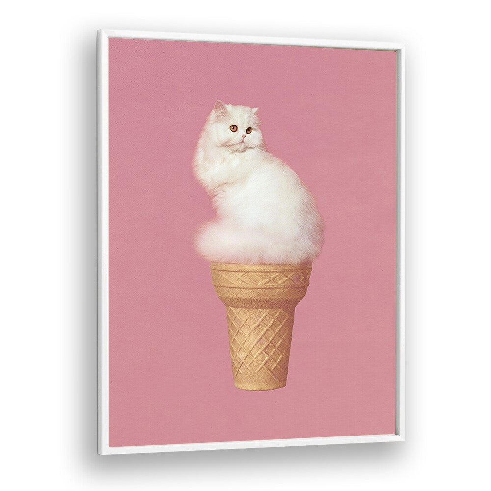 Cat Ice Cream Pink Surreal art Artwork in White Plain Frame
