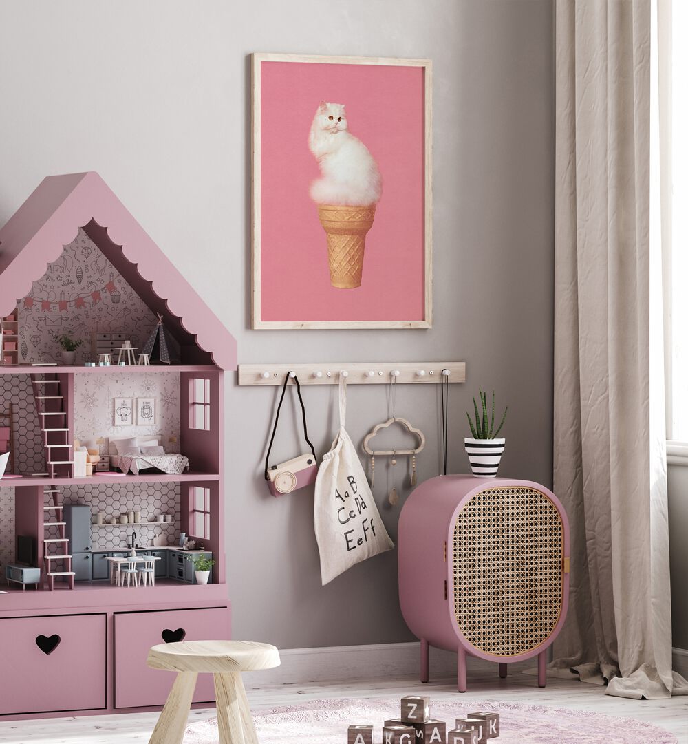 Cat Ice Cream-Pink Surreal Painting, Surreal Art Artwork in Oak Wood Plain Frame placed on a Wall in the Kids Room