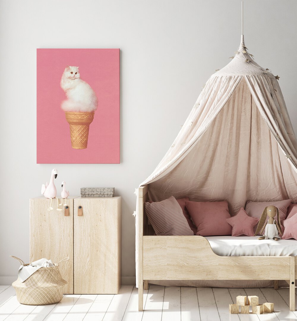 Cat Ice Cream-Pink Surreal Painting, Surreal Art Artwork in Gallery Wrap placed on a White wall in the Kids Room