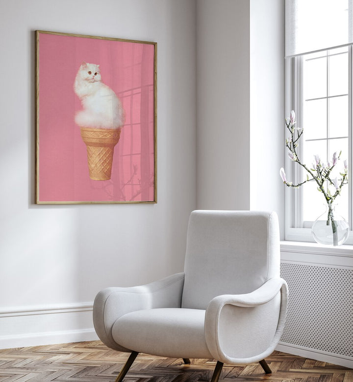 Cat Ice Cream-Pink Surreal Painting, Surreal Art Artwork in Oak Wood Plain Frame placed on a White Wall in the Drawing Room