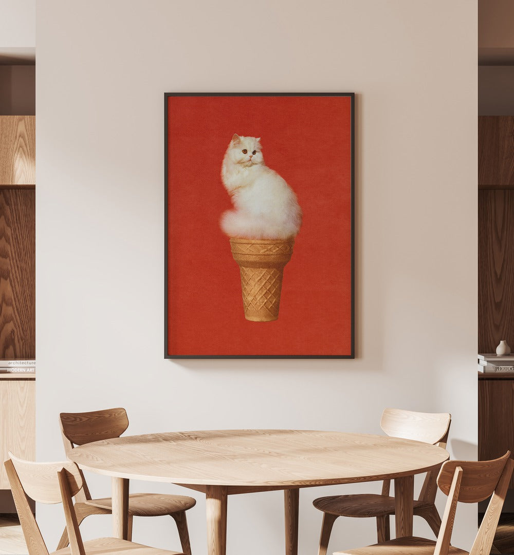 Cat Ice Cream - Red Surreal Art Painting Artwork in plain black frame behind a dining table for dining area