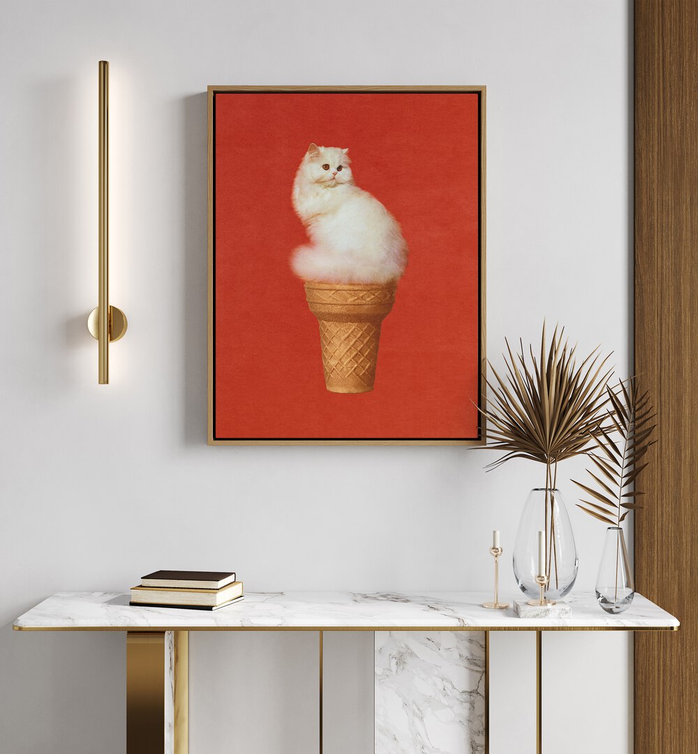 Cat Ice Cream - Red Surreal Art Painting Artwork in oakwood floater frame above a table on a white wall