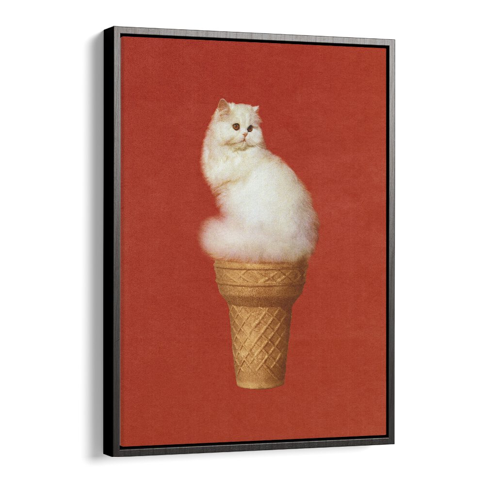 Cat Ice Cream - Red   Surreal Painting Artwork in Black Floater Frame