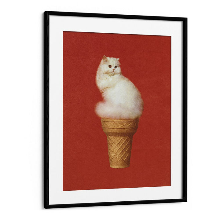 Cat Ice Cream - Red   Surreal Painting Artwork in Black Frame With Mount
