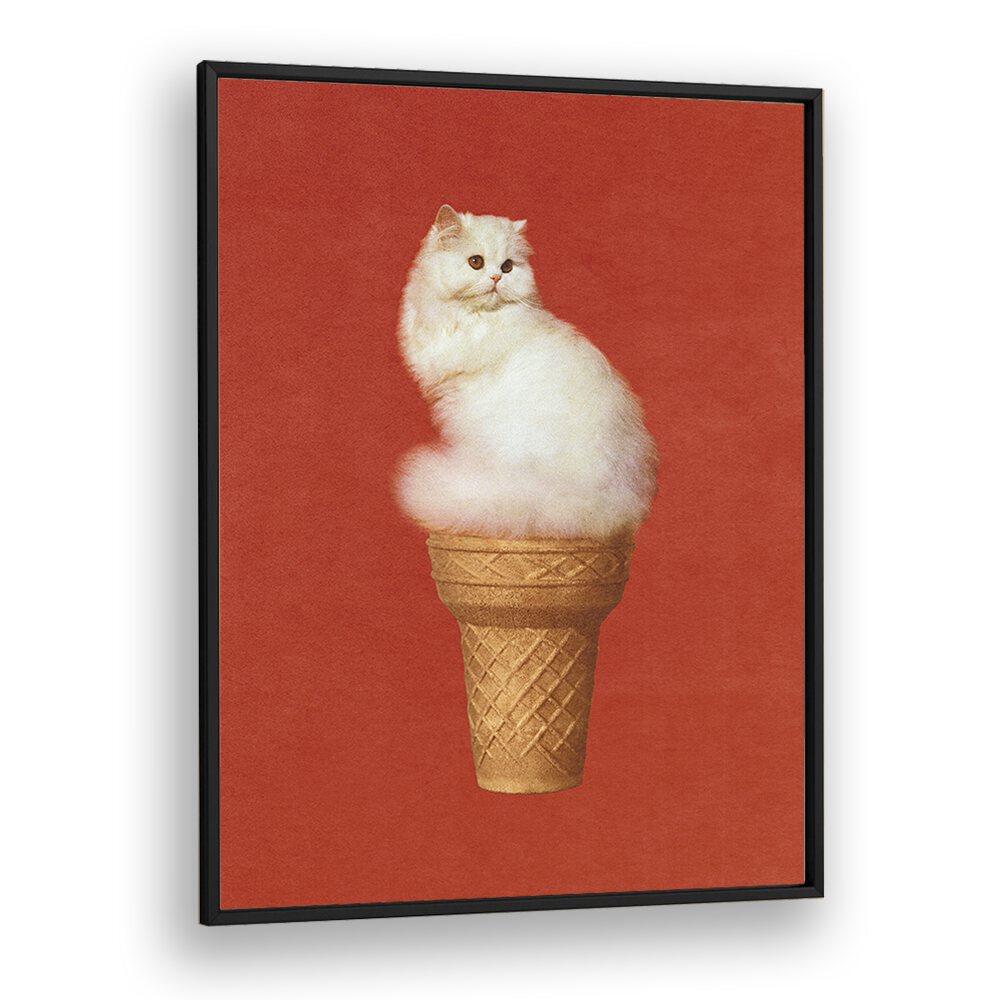 Cat Ice Cream - Red   Surreal Painting Artwork  in Black Plain Frame