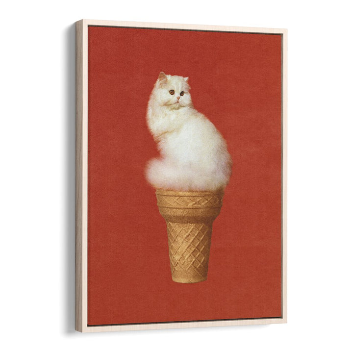 Cat Ice Cream - Red   Surreal Painting Artwork in Oak Wood Floater Frame
