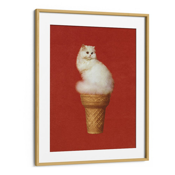 Cat Ice Cream - Red    Surreal Painting Artwork in Oak Wood Frame With Mount
