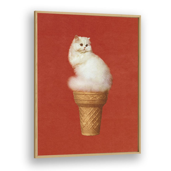 Cat Ice Cream - Red    Surreal Painting Artwork in Oak Wood Plain Frame