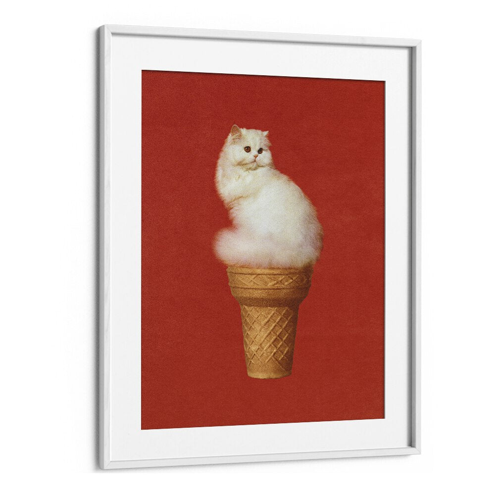 Cat Ice Cream - Red    Surreal Painting Artwork  in White frame With Mount