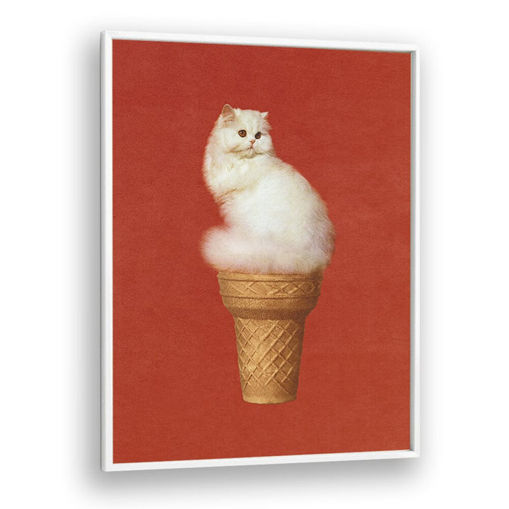 Cat Ice Cream - Red    Surreal Painting Artwork in White Plain Frame