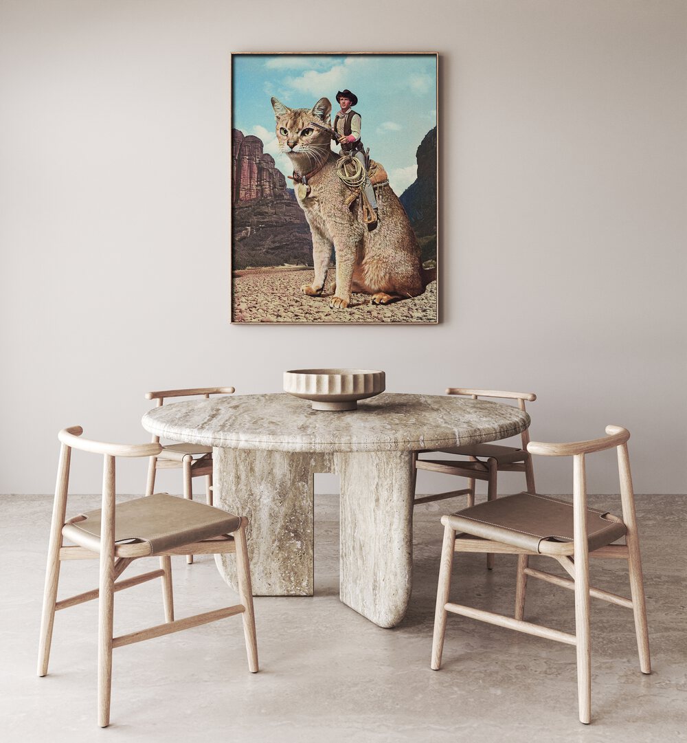 Cat Lone Ranger Surreal Painting, Surreal Art Artwork in Oak Wood Plain Frame placed on a Cream Beige Wall near a Dining Table in the Dining room