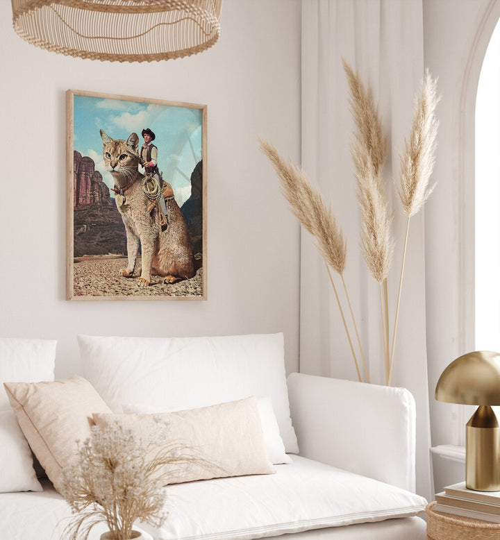 Cat Lone Ranger Surreal Painting, Surreal Art Artwork in Oak Wood Plain Frame placed on a white wall in the Living Room