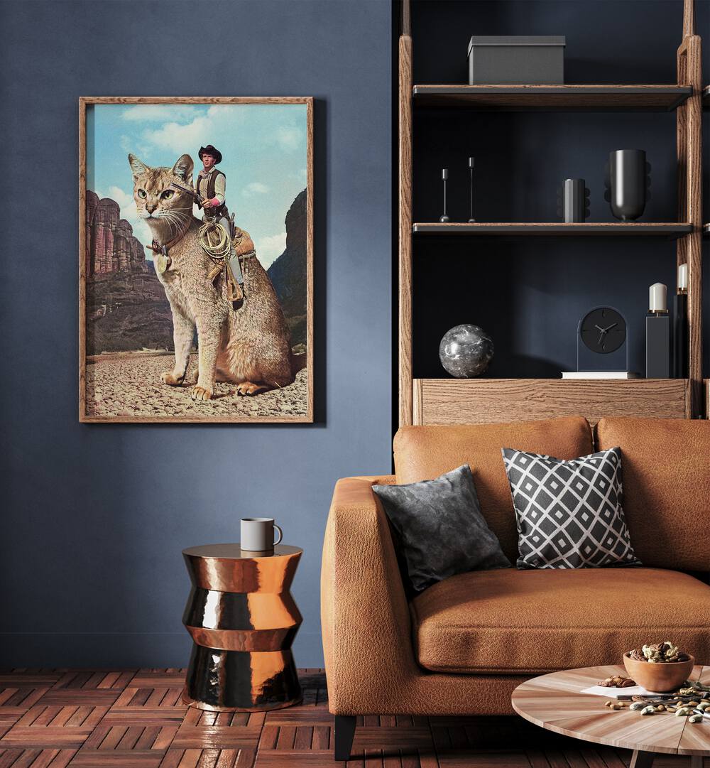 Cat Lone Ranger Surreal Painting, Surreal Art Artwork in Oak Wood Plain Frame placed on a Blue Wall in the Living Room