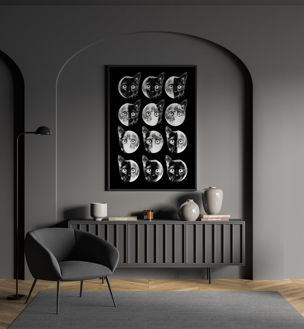 Stylish CAT MOON PHASES, ALTERED ART PRINTS by Dikhotomy, showcasing feline grace and lunar transitions.