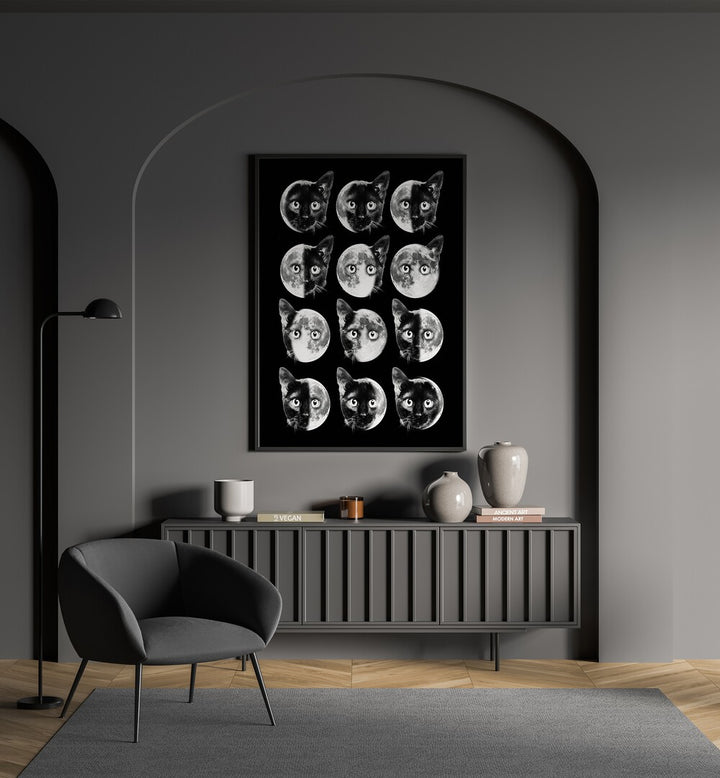 Stylish CAT MOON PHASES, ALTERED ART PRINTS by Dikhotomy, showcasing feline grace and lunar transitions.