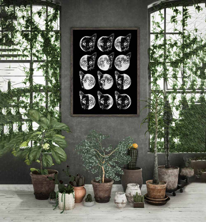 Elegant CAT MOON PHASES, ALTERED ART PRINTS by Dikhotomy, showcasing mystical felines and lunar cycles. Perfect decor!
