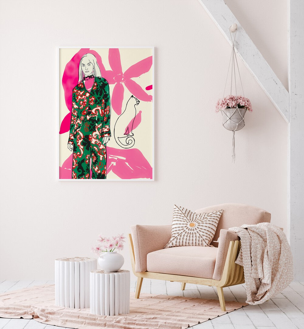 Captivating artwork from CATWALK NO III, PORTRAITS features a stylish figure adorned with vibrant floral patterns.