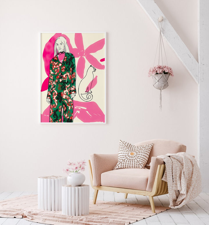 Captivating artwork from CATWALK NO III, PORTRAITS features a stylish figure adorned with vibrant floral patterns.
