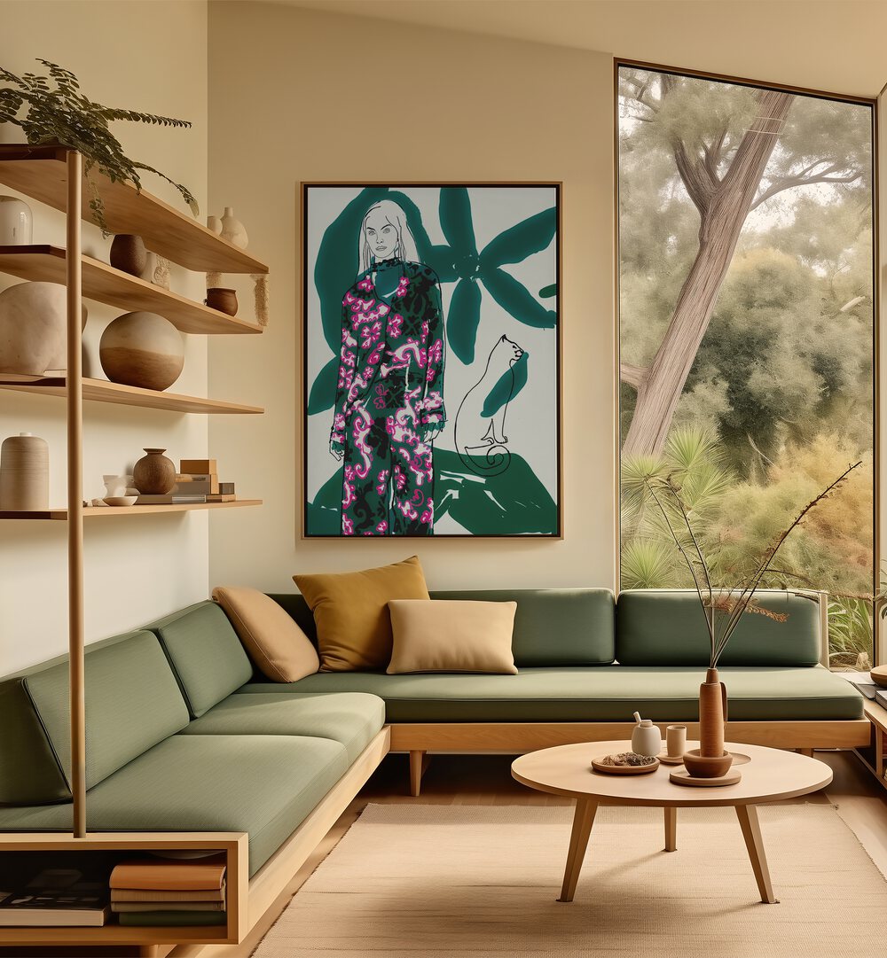 Elegant living space featuring CATWALK NO XVIII, PORTRAITS artwork, blending modern fashion with artistic expression.