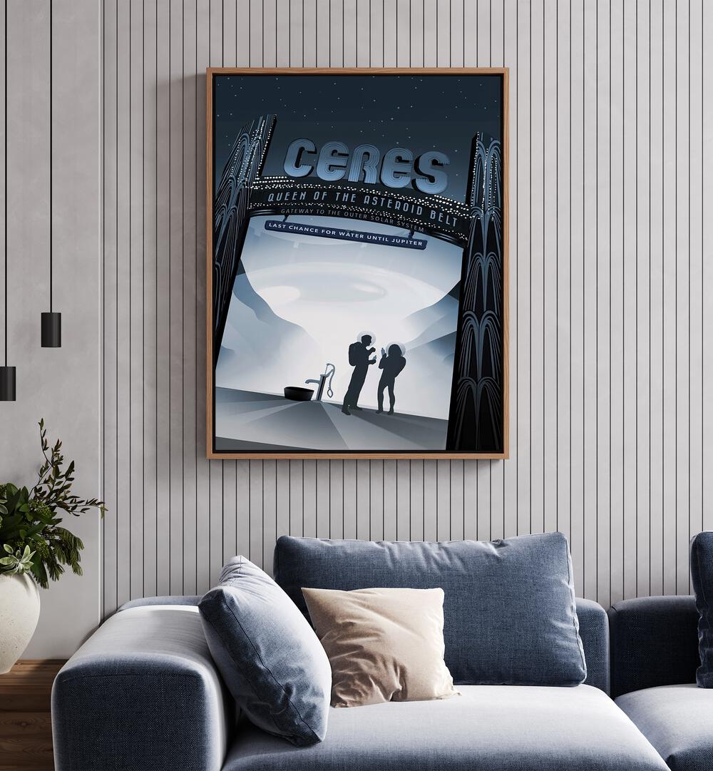 Ceres Astronaut & Nasa Paintings, Space Art Prints Artwork in Oak Wood Floater Frame placed near a Blue Sofa in the Living Room


