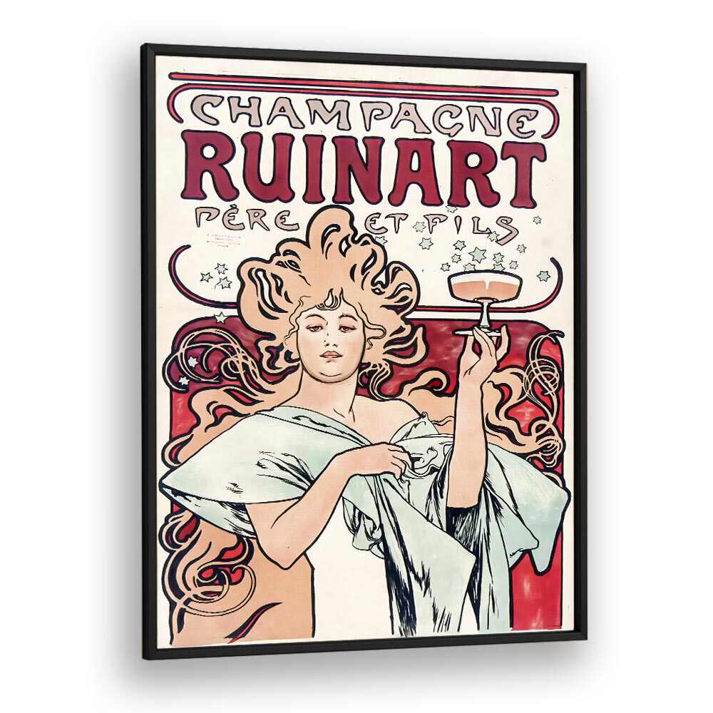 CHAMPAGNE RUINART 1896 By Alphonse Mucha Vintage Paintings in Black Plain Frame