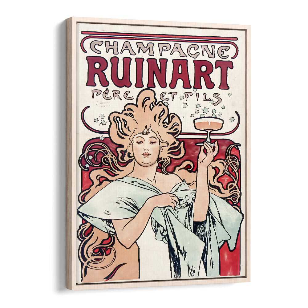 CHAMPAGNE RUINART 1896 By Alphonse Mucha Vintage Paintings in Oak Wood Floater Frame