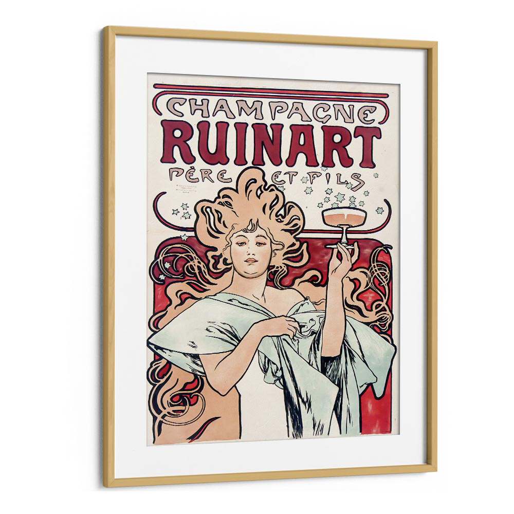 CHAMPAGNE RUINART 1896 By Alphonse Mucha Vintage Paintings in Oak Wood Frame With Mount