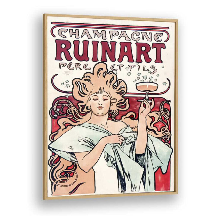 CHAMPAGNE RUINART 1896 By Alphonse Mucha Vintage Paintings in Oak Wood Plain Frame