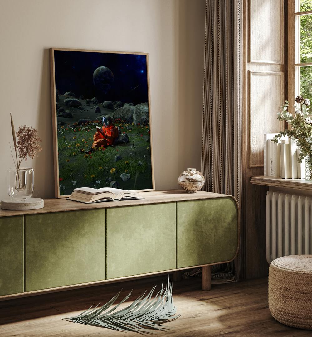 Chapter IX By Francis Minoza Astronaut & Nasa Paintings, Space Art Prints Artwork in Oak Wood Plain Frame placed above a Console Table in the Drawing 
room